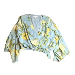June & Hudson Shirt‎ Womens 1 Light Blue AOP Floral Peplum Boho Wrap Tie Blouse